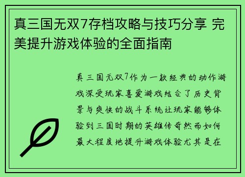 真三国无双7存档攻略与技巧分享 完美提升游戏体验的全面指南